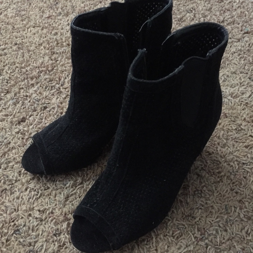 open toe black bootie heels